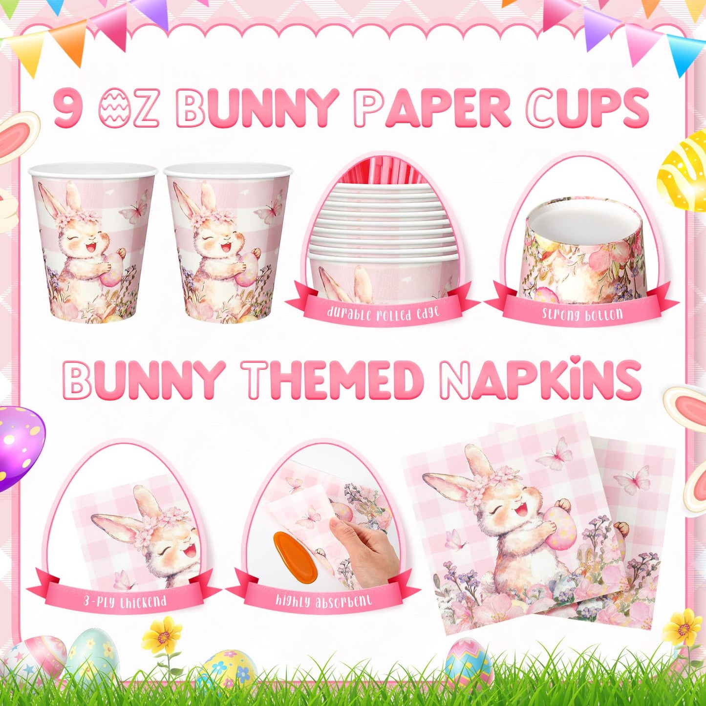 Honeydak 210 Pcs Pink Bunny Party Supplies for 30 Guests, Includes Spring Rabbit Plates, Cups, Napkins, Cutlery - Cute Pink Bunny Tableware Decoration for Baby Shower Easter Party