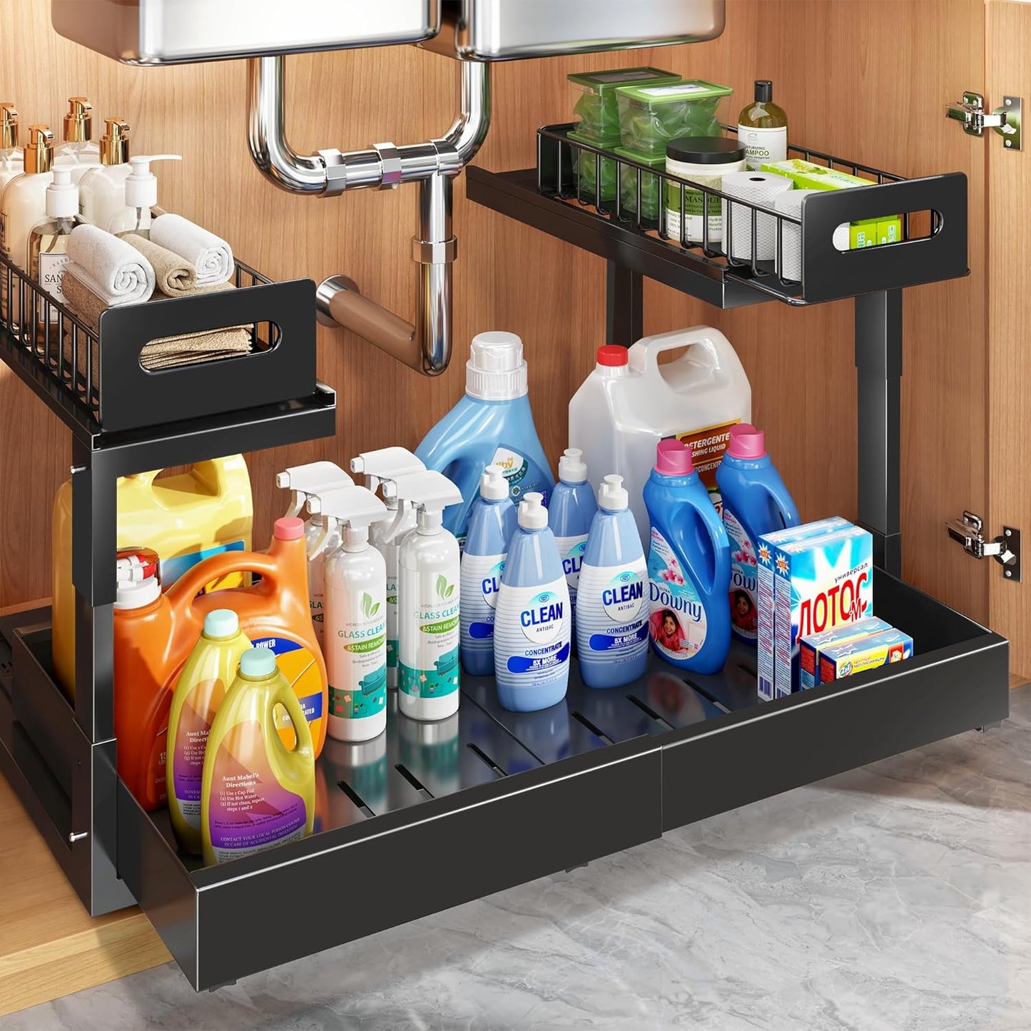 Skiennix Expandable Under Sink Organizer - 2-Tier Adjustable Storage with Ball-Bearing Slides | Black