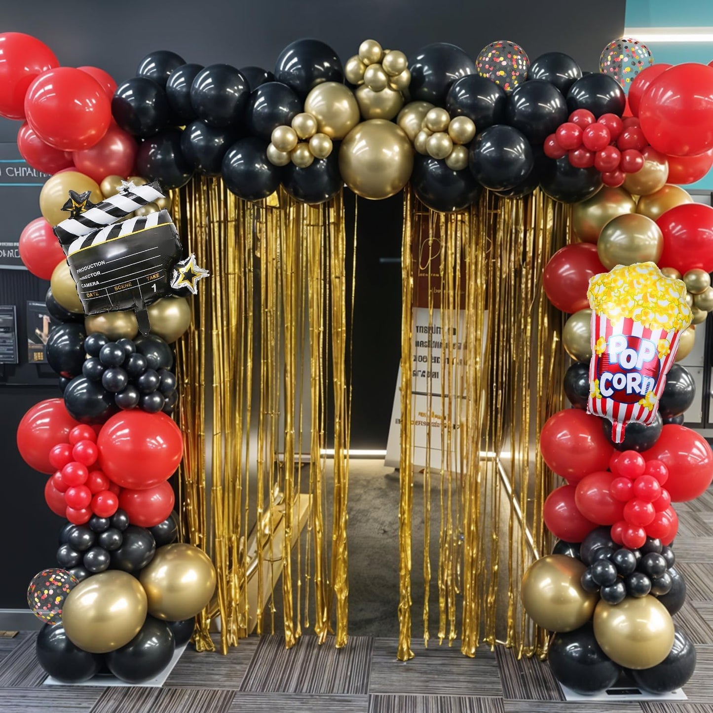 Movie Night Party Balloons, Red Black Gold Confetti Balloons with Film Clapboard and Pop Corn Foil Balloon for Boy Girl Movie Theme Party Decorations Graduation Baby Shower Birthday