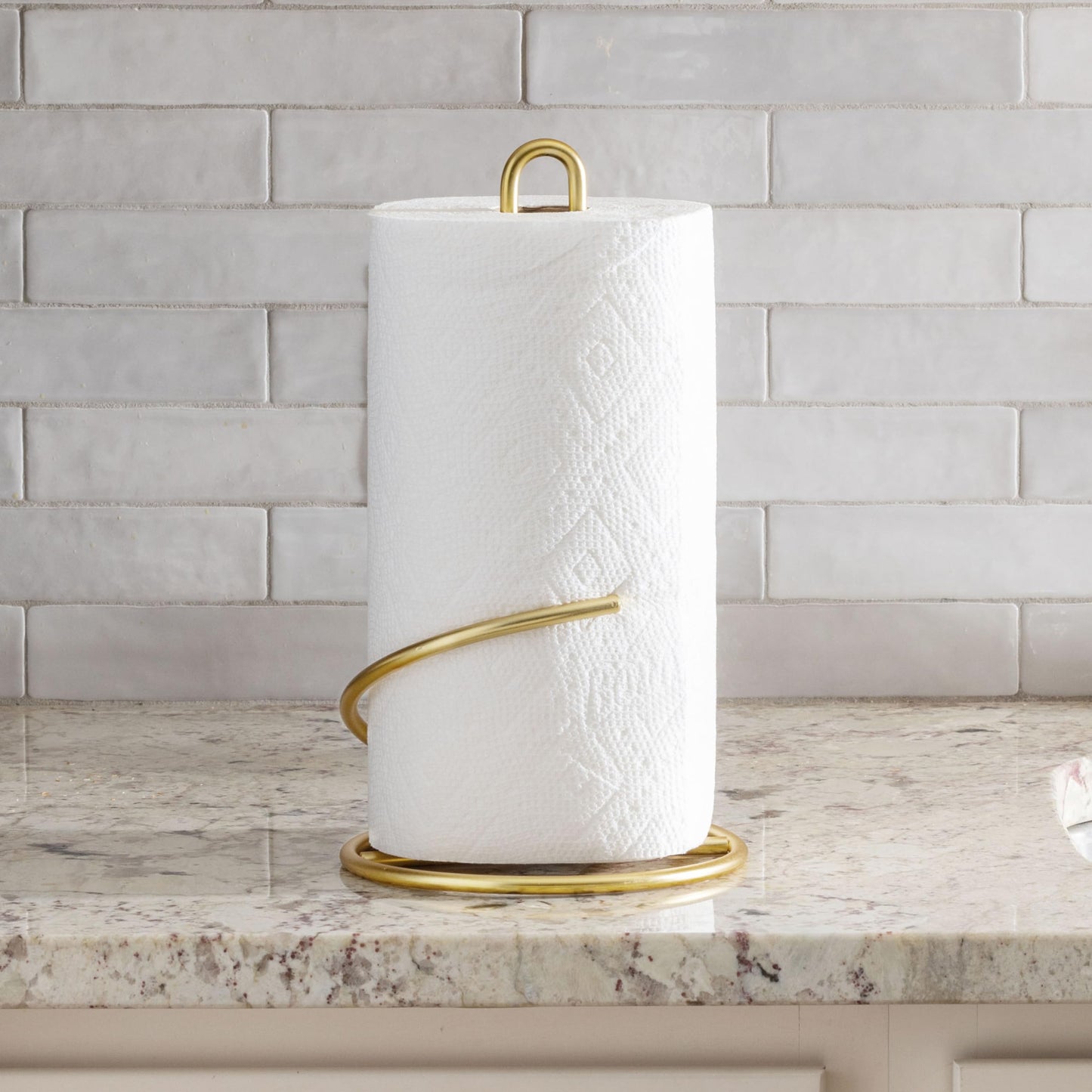 Spectrum Euro Gold Paper Towel Holder Countertop Kitchen Organizer Roll Stand Dispenser with Easy Tear Arm, Weighted Sturdy Base Fits Standard Jumbo Rolls Modern Design Durable Construction