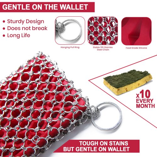 Cast Iron Scrubber Chainmail - 316L Cast Iron Cleaner Scrubber and Bamboo Cloth Set - Chain Mail Scrubber - Stainless Steel Chainmail Scrubber for Skillet, Pan, Dutch Oven - Essential Accessory