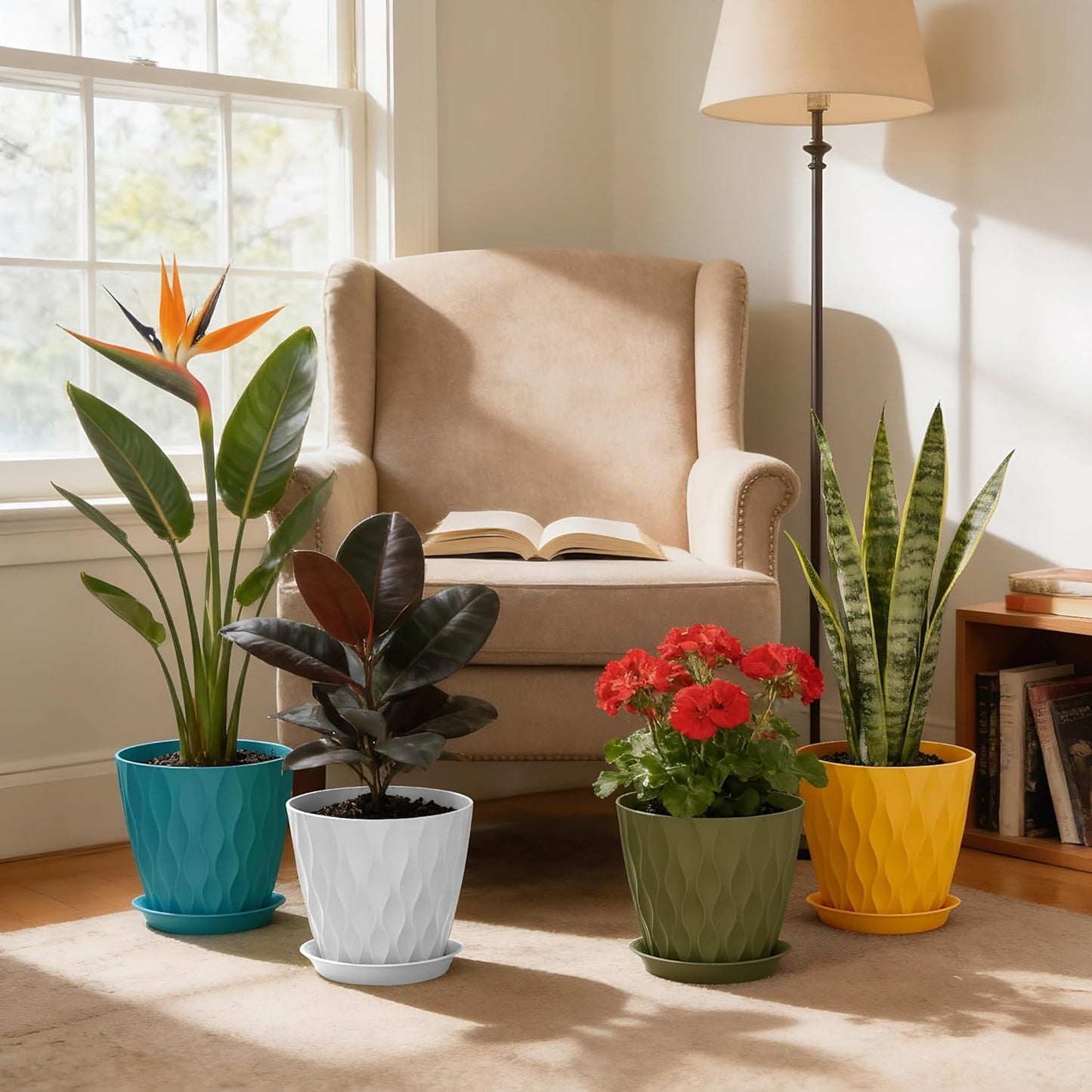 UOUZ 8-Inch Plastic Plant Pots - 4 Pack Indoor/Outdoor Planters with Drainage Holes & Saucers | Waffle Texture