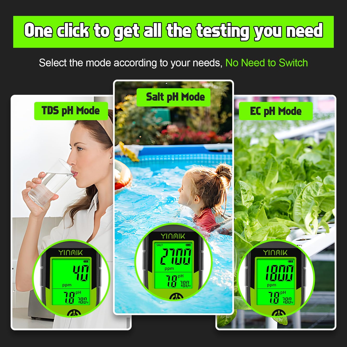 Pool Salt Tester, Digital 5 in 1 pH TDS EC Salinity Meter with Calibration Solution Kit, Simultaneous Display ppm pH for Saltwater Pool, Aquarium, Hot Tub, Spa, Hydroponics, Home Brew&Pickling