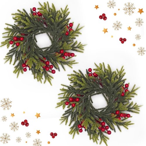 Christmas Candle Rings by [Brand Name] - 11.6 Inch Artificial Pine & Red Berries | Perfect for Holiday Decor & Centerpieces