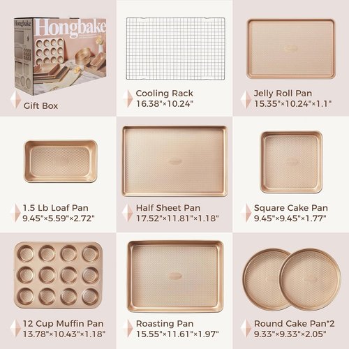 HONGBAKE 9-Piece Nonstick Baking Pans Set - Stackable, Non-Toxic Bakeware with Diamond Texture | Gold