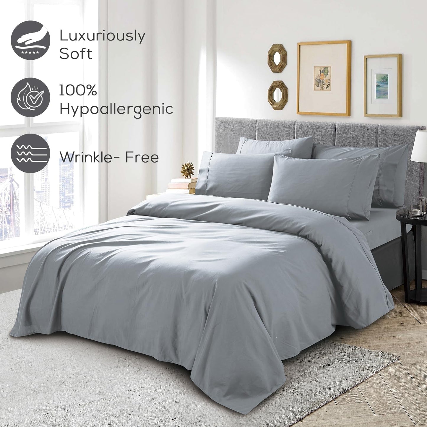 Mueller UltraTemp 6 PC Queen Sheet Set - Ultra-Soft Luxury Series, Cooling & Breathable Hotel Luxury Bed Sheets, Deep Pocket Wrinkle-Free Oeko-TEX, Light Gray