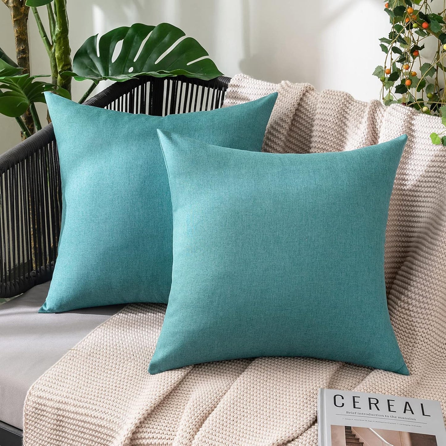 MIULEE Decorative Outdoor Throw Pillow Covers - Waterproof Faux Linen Cushion Cases | 20x20 Inch Turquoise, Set of 2