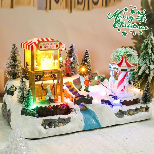 Afirst Christmas Village Houses - Lighted Collectible Figurines with Rotating Carousel & Musical Display | Indoor Decoration
