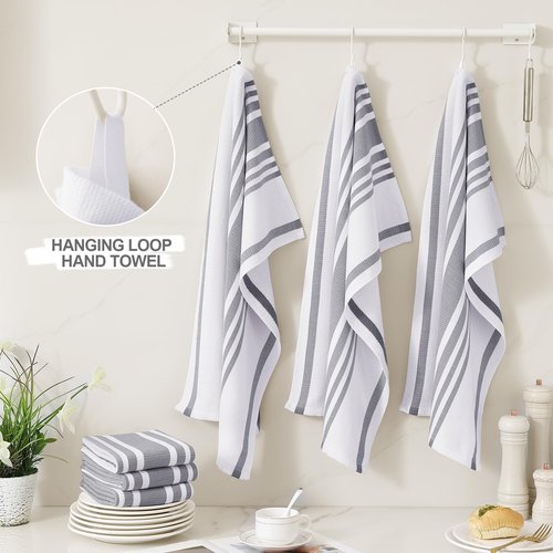 Homaxy Premium Kitchen Towels 18”x 28”, Large Cotton 380 GSM Kitchen Hand Towels, Stripe and Terry Dish Towel, Highly Absorbent Tea Towel Set with Hanging Loop, 8 Pack, Grey