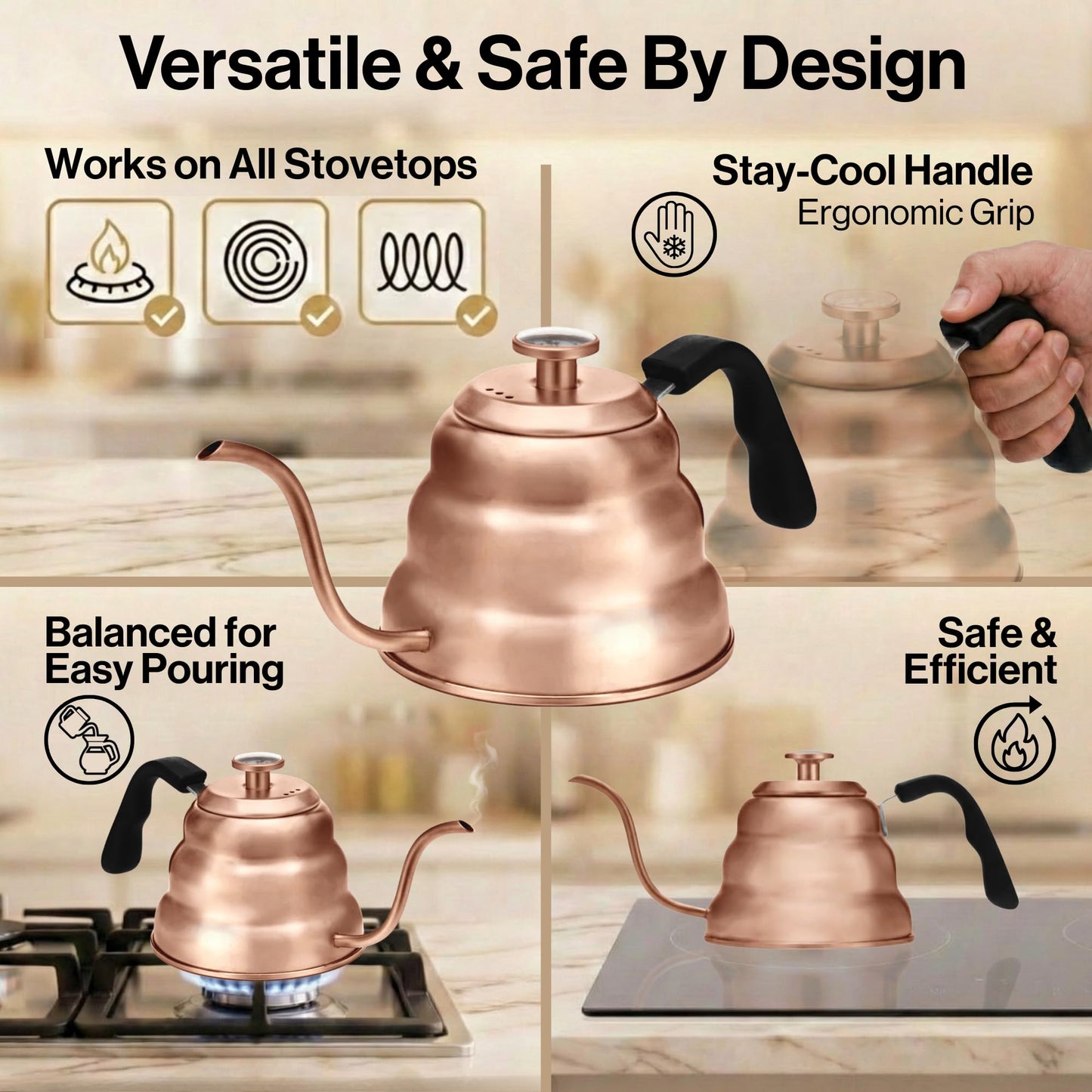Barista Warrior Gooseneck Kettle with Thermometer - 1.2L Pour Over Coffee & Tea Kettle, Copper Coated Stainless Steel Gooseneck Kettle Pot, Precision Pour Drip Spout, Suitable for All-Stoves (40 floz)