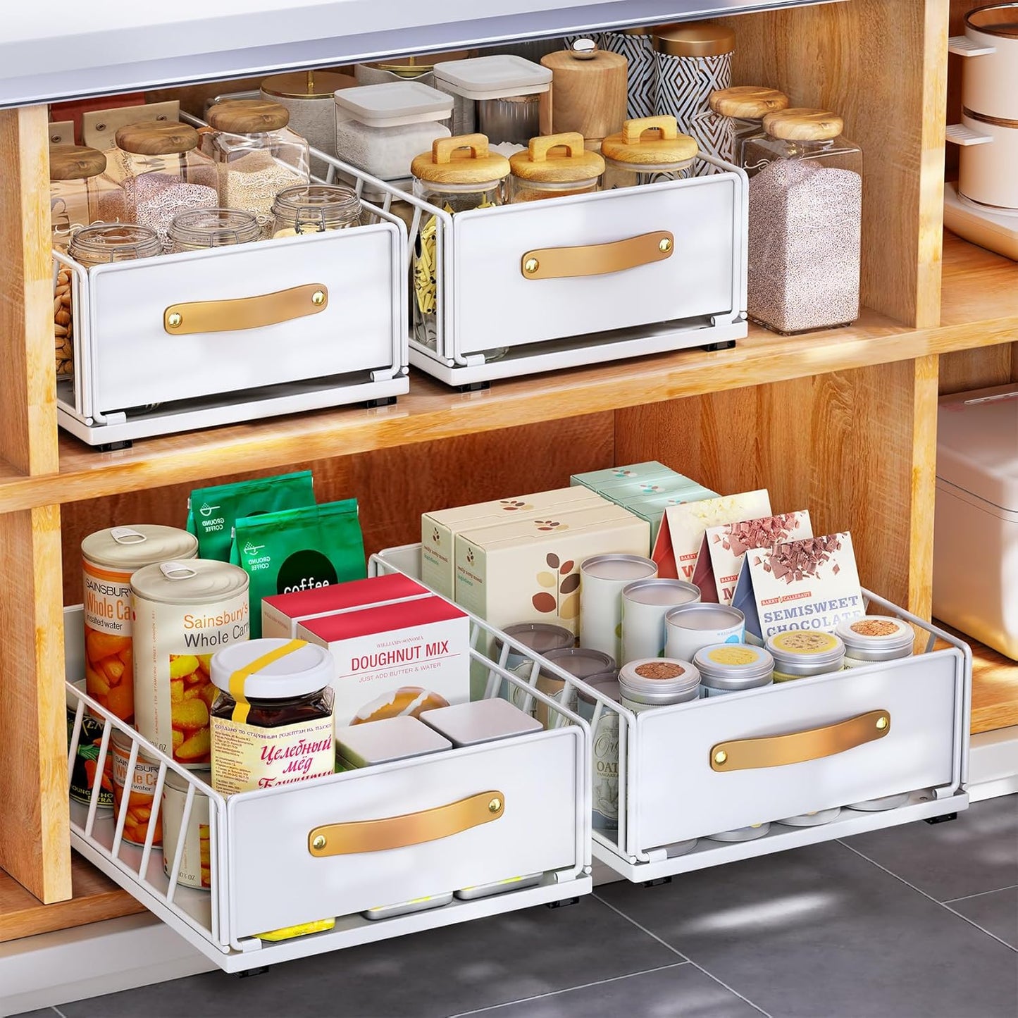 Skiennix Pull-Out Cabinet Organizer - Heavy-Duty Sliding Pantry Shelves with Handle | 9.8"W x 15.7"D x 6.2"H, White