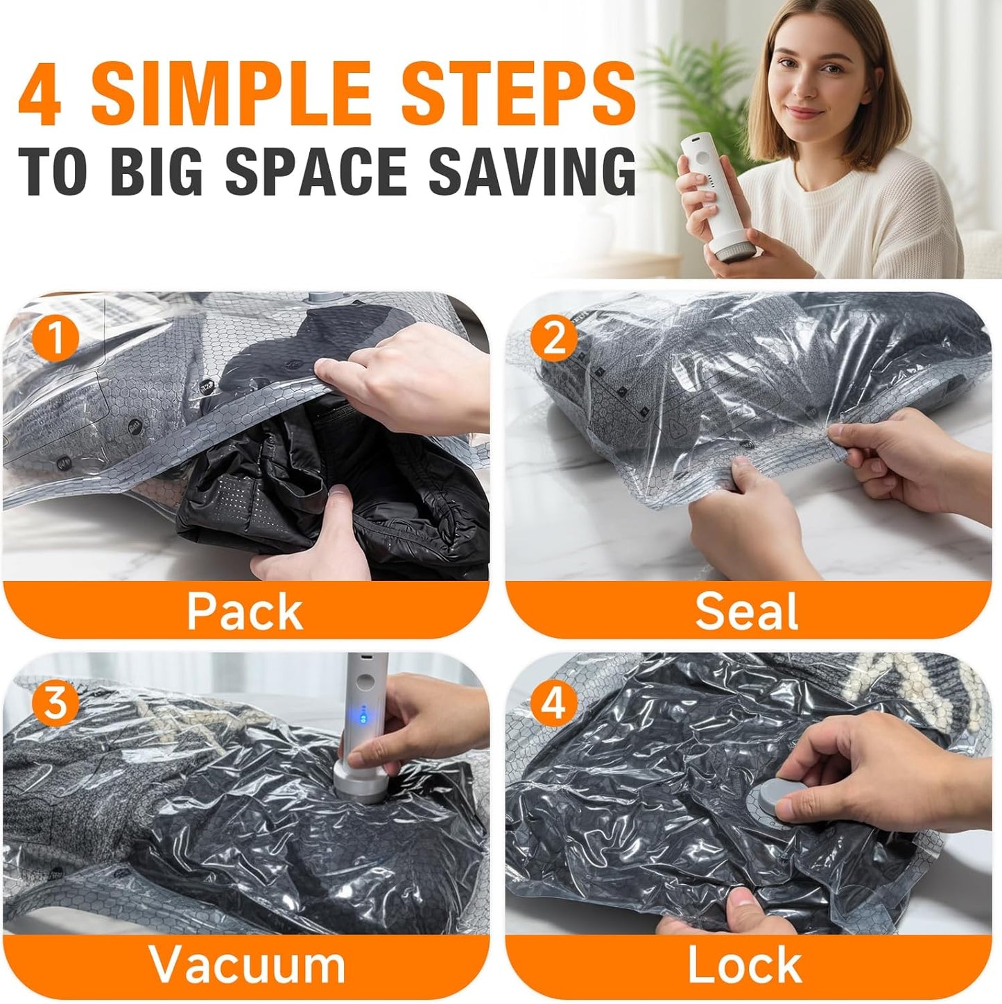 Space Saver Vacuum Storage Bags - Portable Electric Pump Included | Compression Bags for Travel & Home, 15 Combo (5L/5M/5S)