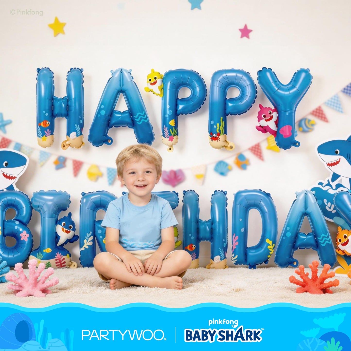 PartyWoo Baby Shark Blue Happy Birthday Banner Letter Balloons 16 Inch Blue Mylar Foil Letter Balloons for Boys and Girls Baby Shark Under the Sea Ocean Theme Kids Birthday Party Decorations