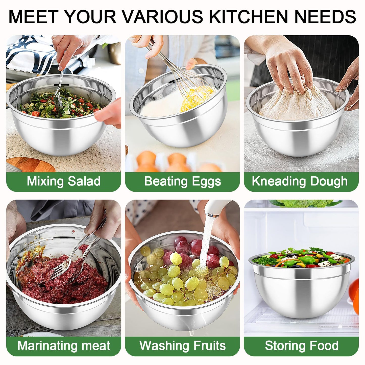 TeamFar Mixing Bowls with Airtight Lids, 5PCS Stainless Steel Metal Salad Bowl with 3 Grater Attachments, for Cooking, Prepping, Serving, Healthy & Easy Clean - 0.7/1/1.5/2.6/4.6QT, Khaki