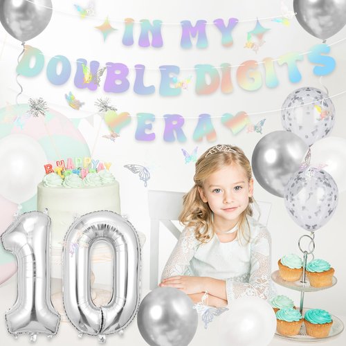 Holkcog 10th Birthday Decorations Silver, In My Double Digits Era Banner, Happy 10th Birthday Decorations for Girls Boys Double Digits Party Supplies Silver Number 10 Balloon Butterfly 10 Party
