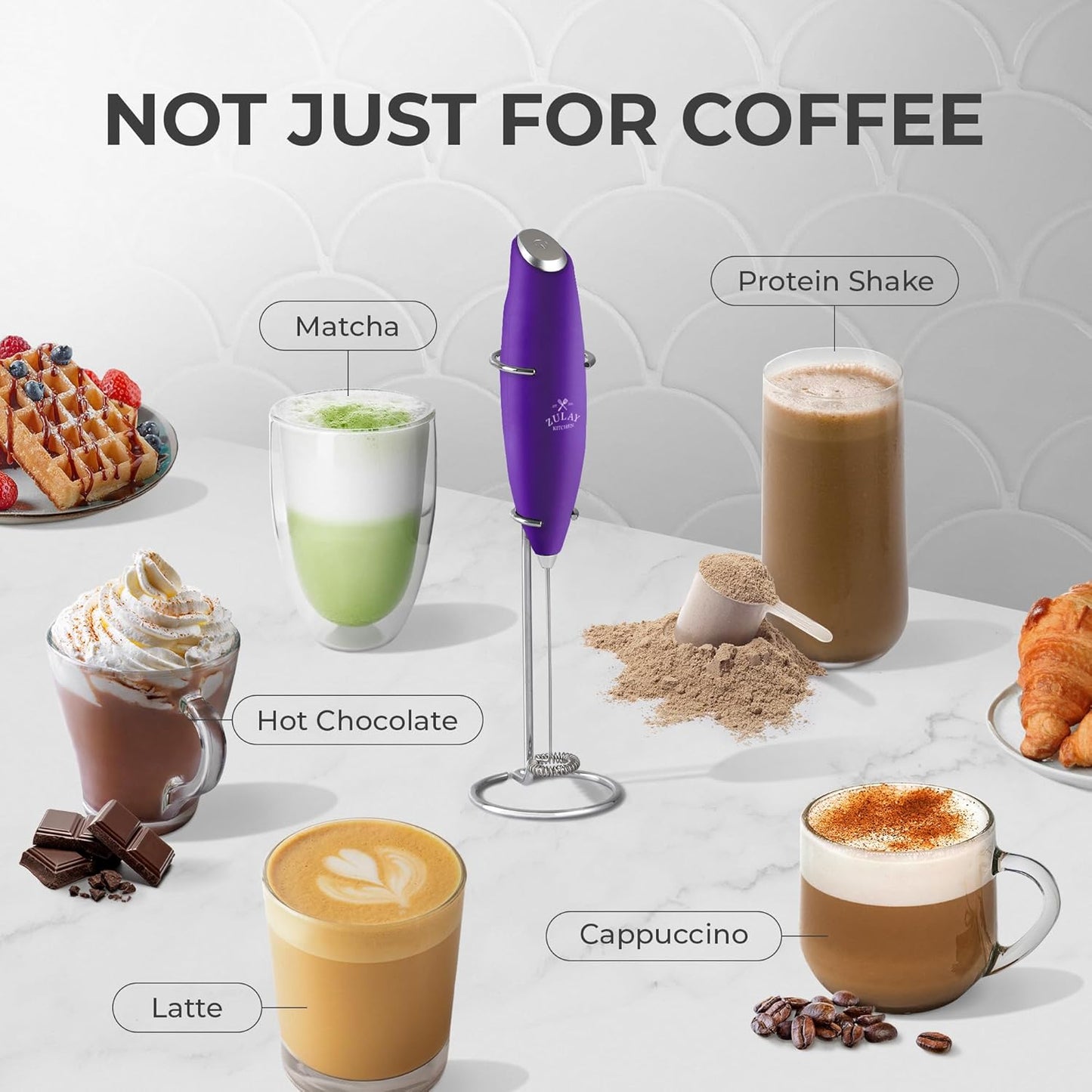 Zulay Kitchen Milk Frother Wand - Ultra Fast Handheld Drink Mixer with 4 AA Batteries | Perfect for Coffee, Lattes & Cappuccino - Grape Color