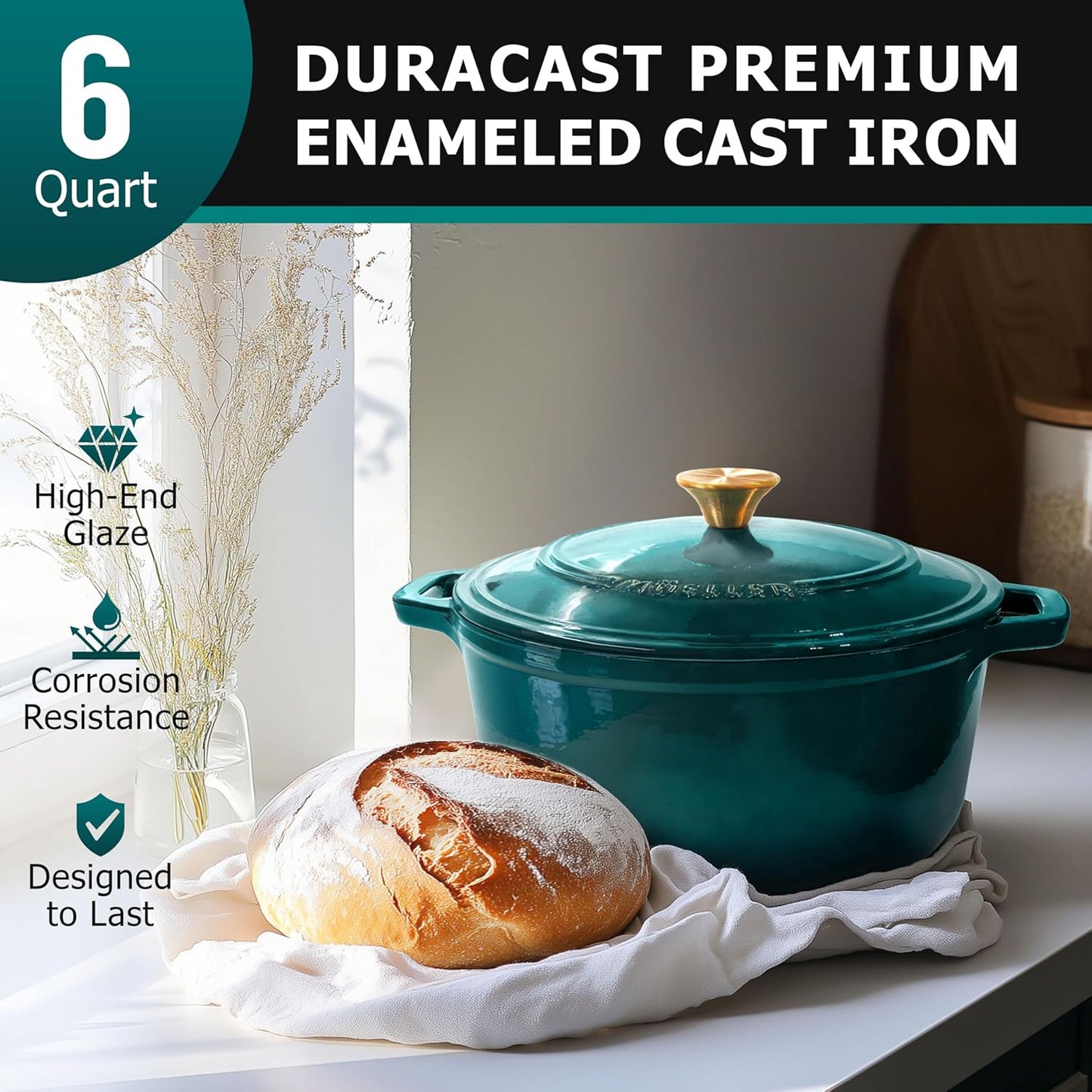 Mueller DuraCast Dutch Oven Pot - 6 Quart Enameled Cast Iron for Sourdough Baking | PFOA-Free, 500°F Oven Safe, Emerald