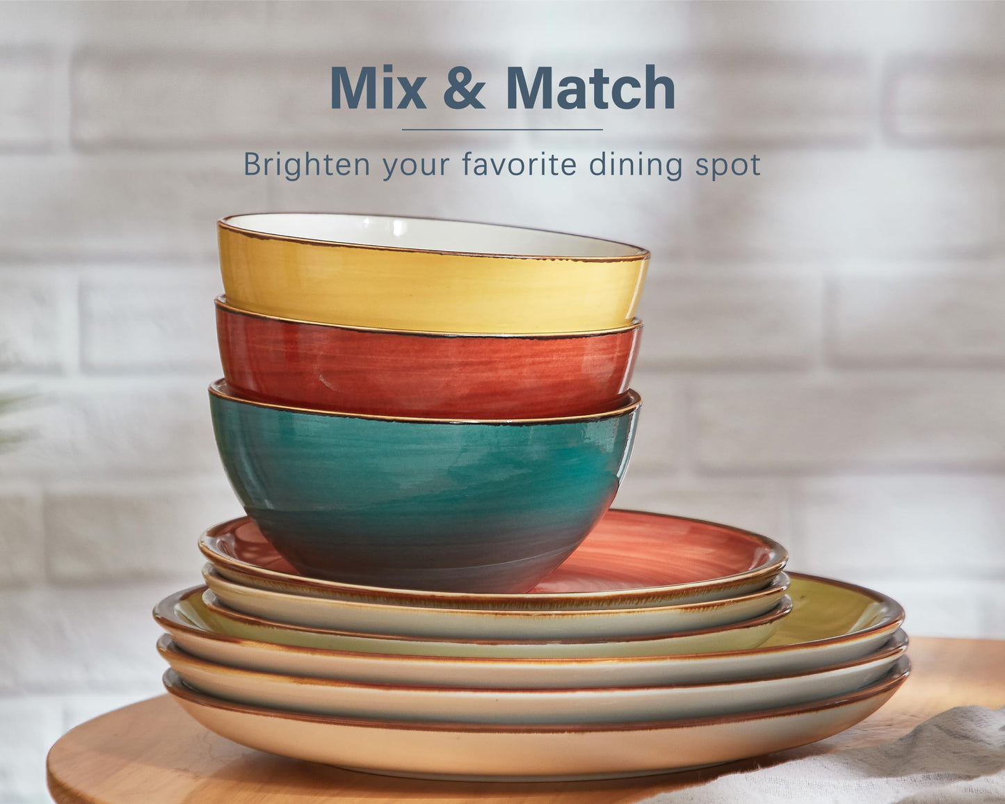 ONEMORE Plates and Bowls Set 12 Pcs,Stoneware Dinnerware Sets for 4 Microwavable,Oven & Dishwasher Safe Porcelain,Scratch Resistant Dishes Set