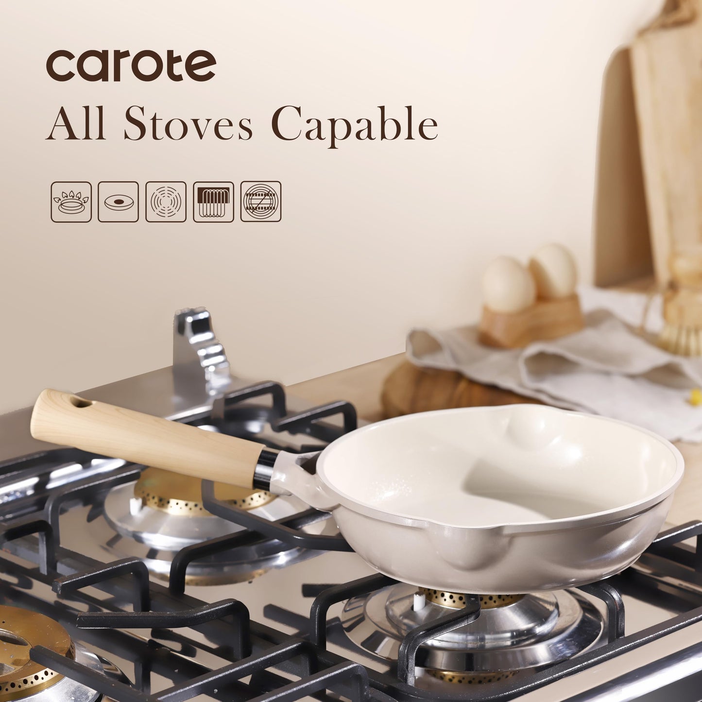 CAROTE 8" Ceramic Frying Pan Skillet, Non Stick Frying Pan Chef's Pan, Healthy & PFOA/PFAS Free, Induction-Compatible, Taupe