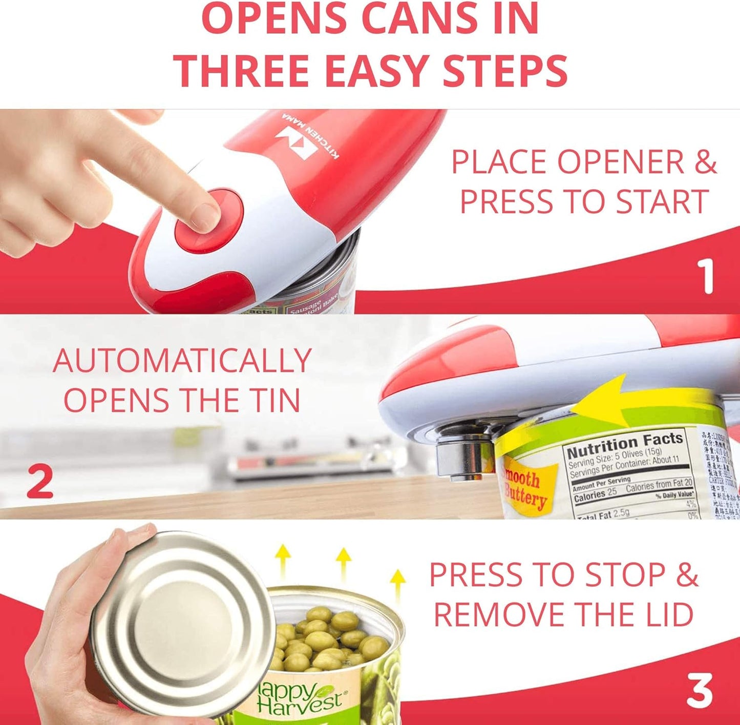 Kitchen Mama Electric Can Opener - Automatic Hands-Free Operation with Smooth Edge | Battery Operated (Red)
