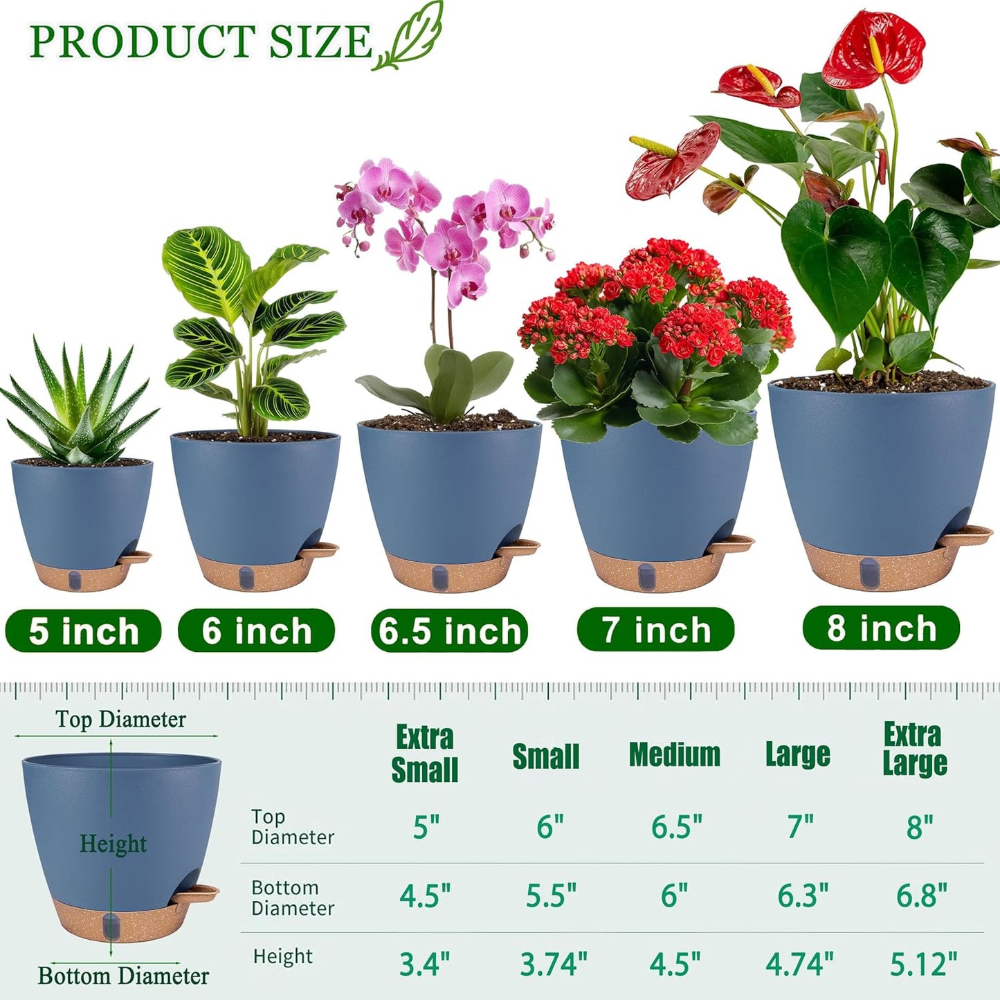 Skiennix Self-Watering Pots - Decorative Plastic Planters with Drainage & Water Level Indicator | 5-8 Inch Navy Blue
