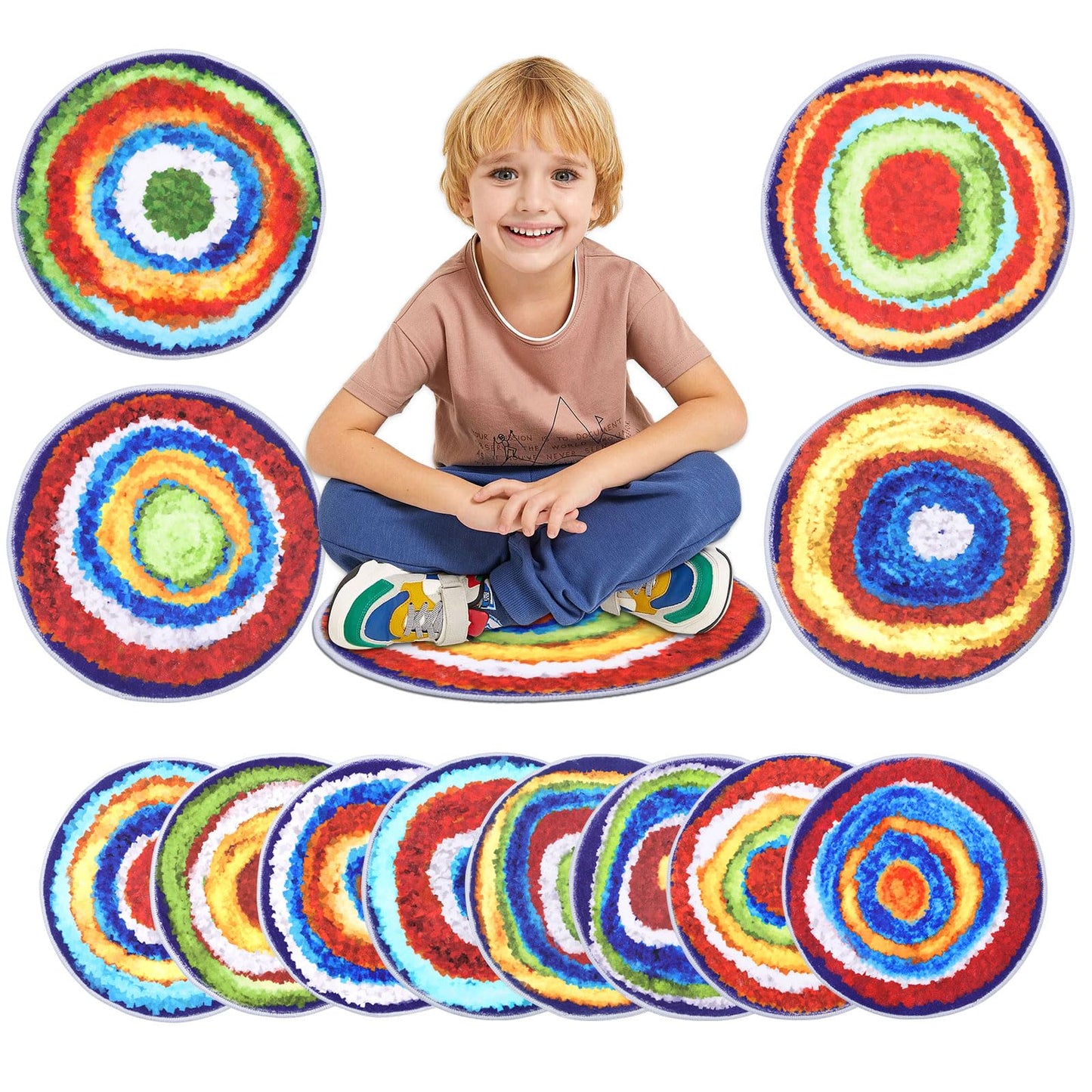 HiiARug Carpet Circles Kids Rug 16Inch Rainbow Crazy Carpet Circle Seats Preschool Classroom Accessories 12pcs Round Flexible Seats Group Activity Spots Marker for Classroom Kindergarden Playroom