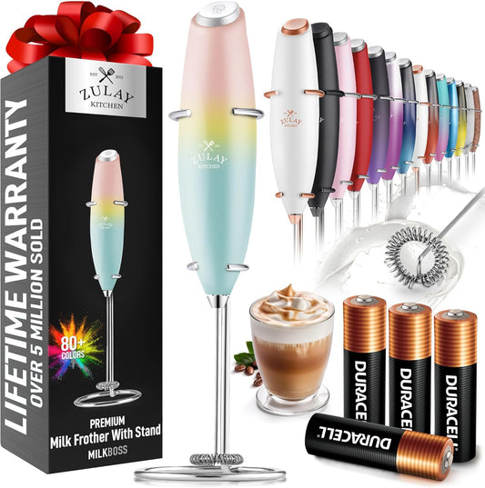 Zulay Kitchen Milk Frother Wand - Ultra-Fast Handheld Electric Whisk for Coffee, Lattes & Cappuccino - Includes 4 AA Batteries