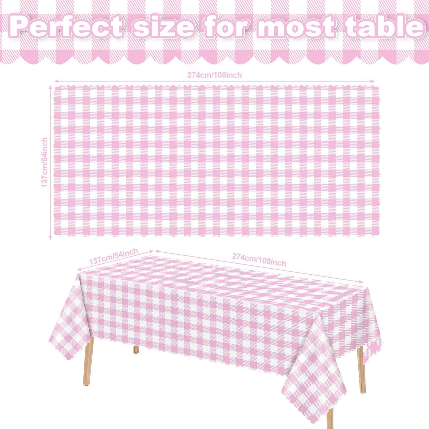 Ohkishly 2 Pack Pink Gingham Tablecloths, Pink and White Checkered Tablecloths Disposable Plastic Pink Plaid Table Cover for Easter Mother's Day Wedding Birthday Anniversay Baby Bridal Shower