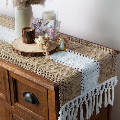 FEXIA Boho Table Runner for Home Decor with Tassels 72 Inches Long Farmhouse Rustic Brown Macrame Burlap Table Decoration for Living Room Bridal Shower (12x72 Inches)