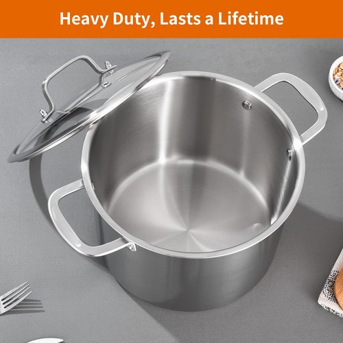 DELARLO Tri-Ply Stainless Steel 8 Quart Stock Pot, Heavy-Duty, All Stove Compatible, Up to 600℉ Soup Pot with Lid, 18/10 Induction Big Stockpot with Lids, Large Stainless Steel Induction for Cooking