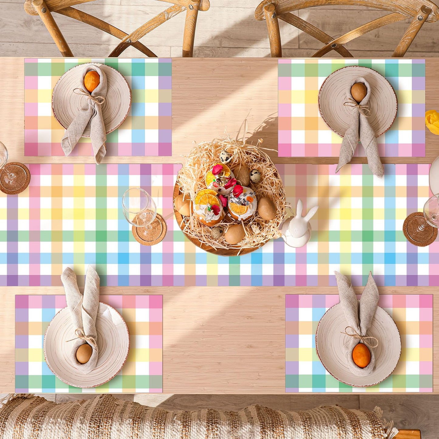 Mindsoft 7 Pcs Easter Buffalo Bunny Rabbit Table Runner and Placemat Set Include 6 Table Placemat Seasonal Easter Centerpieces Decoration for Home Dining Kitchen Spring Decor(Buffalo Plaid)
