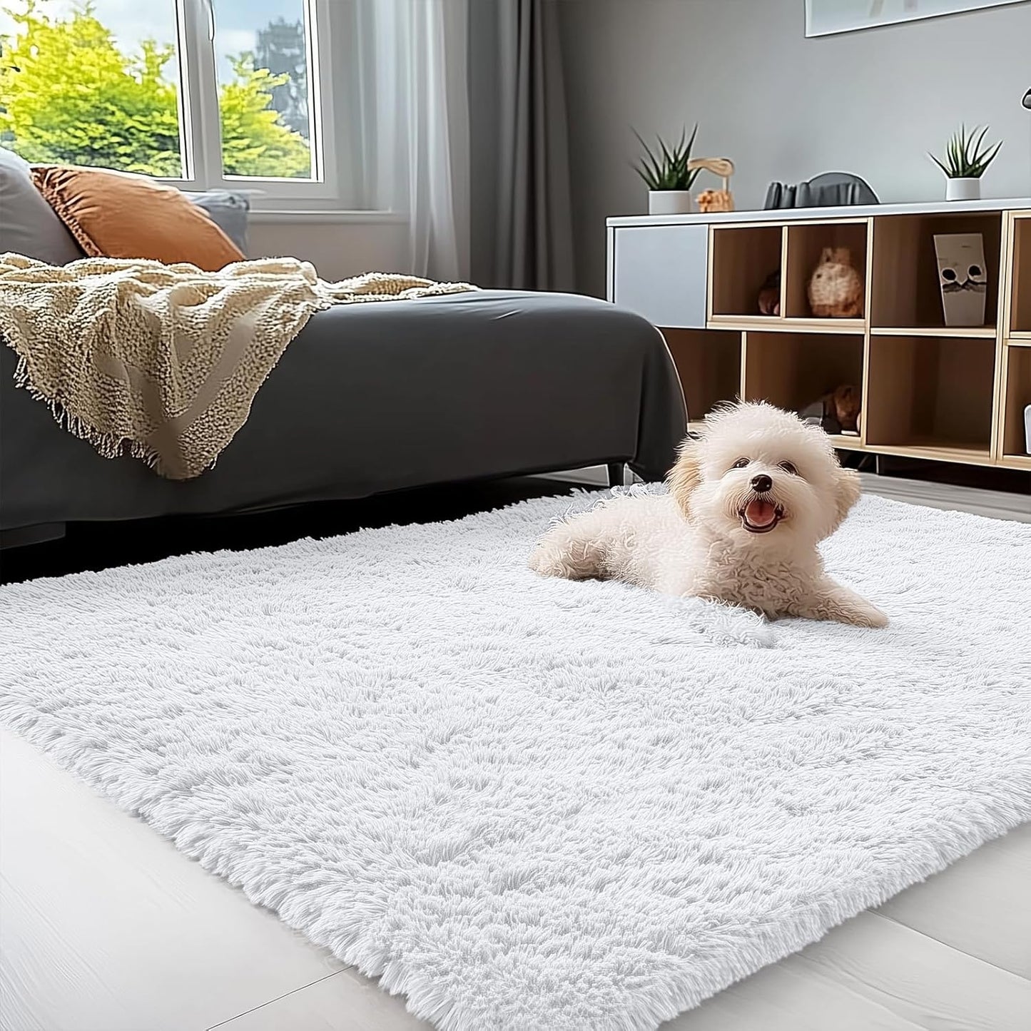 OLANLY Soft Fluffy Shaggy Area Rug - 4x5 Machine Washable Accent Rug for Bedroom & Living Room | White