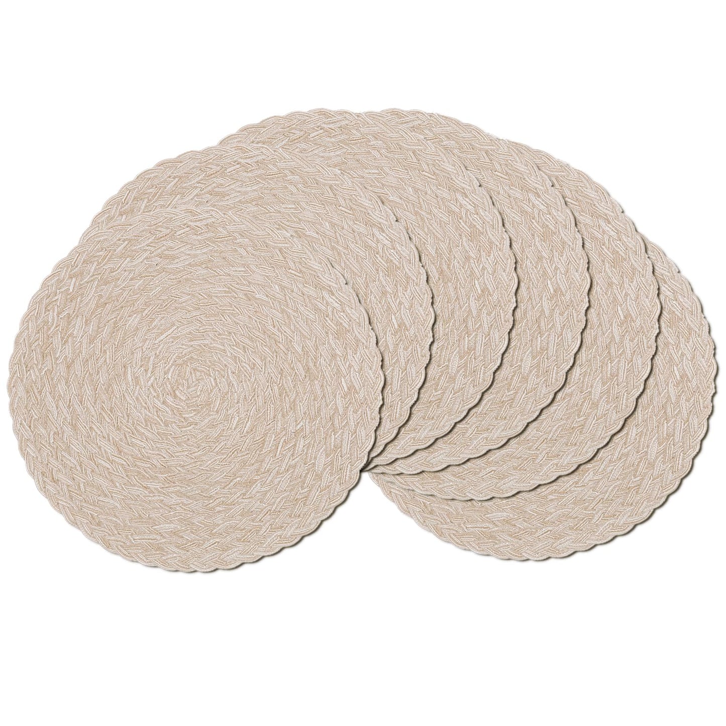 SHACOS Round Braided Placemats 15 inch Set of 6 Thick Boho Kitchen Table Placemats for Home Wedding Party (T-Beige, 6)