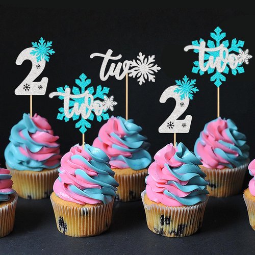 Ercadio 24 PCS Blue Snowflake Cupcake Toppers - Glittery Picks for Winter Onederland Theme Party