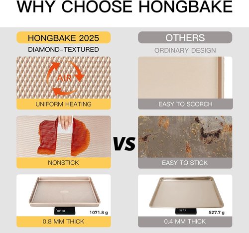HONGBAKE Nonstick Baking Sheet Pan Set - Heavy Duty Cookie Trays in Champagne Gold | 3 Sizes