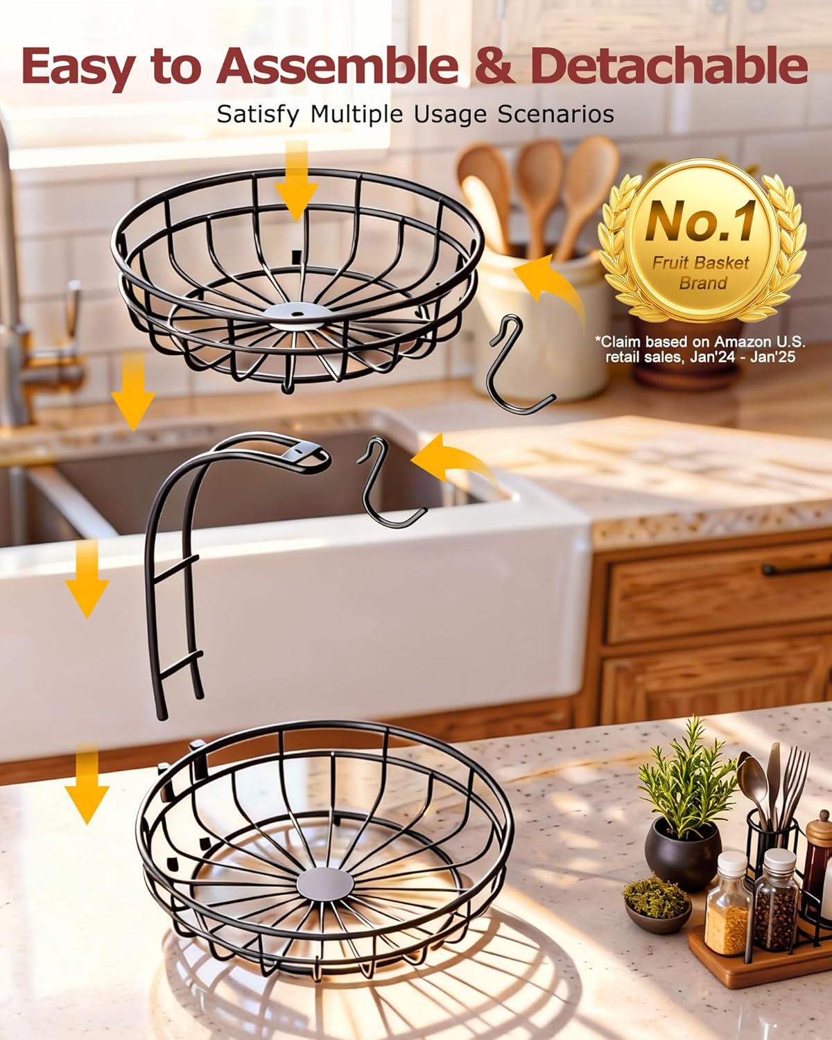 Sevenblue 2-Tier Large Fruit Basket - Sturdy Iron Kitchen Counter Bowl with Removable Banana Hanger | Black