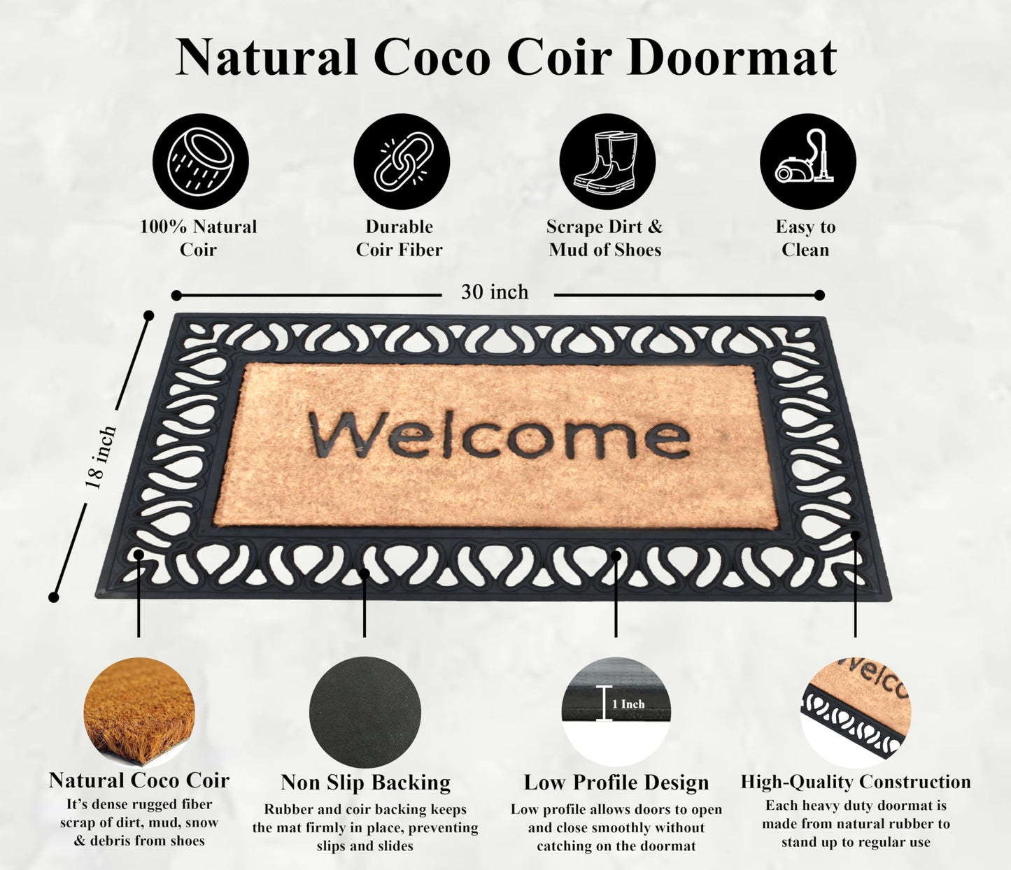 A1HC Natural Coir and Rubber Large Door Mat, 18" x 30", Thick Durable Doormats for Door Entrance, Heavy Duty, Thin Profile Door Mat, Easy to Clean,Long Lasting Front Door Entry Doormat