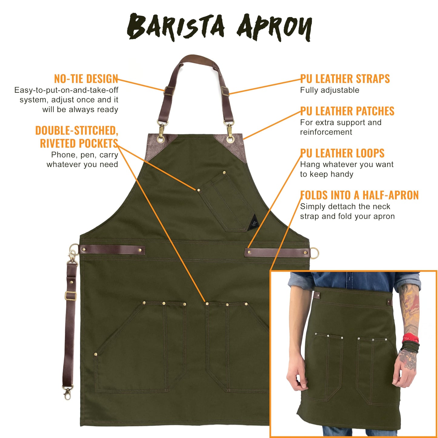 Under NY Sky Barista Apron - Brown Leather Straps and Reinforcement - Riveted Pockets - Double Stiched - Leather Ring Loop - Professional Green Twill - Double as Half Bistro Apron - Chefs, Bartender