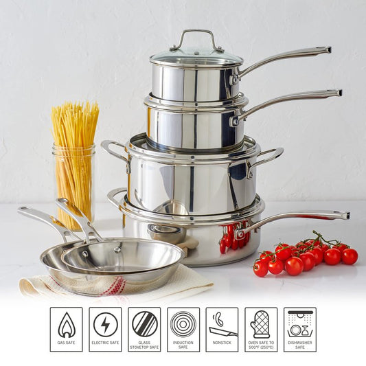 Martha Stewart Castelle 10 Piece 18/8 Durable Stainless Steel Induction Safe Non-Toxic Triply Bottom Kitchen Pots and Pans Cookware Set - Dishwasher Safe