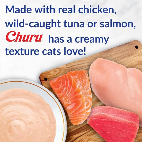 INABA Churu Cat Treats - Grain-Free Lickable Creamy Purée with Vitamin E & Taurine | Tuna & Chicken, 50 Tubes