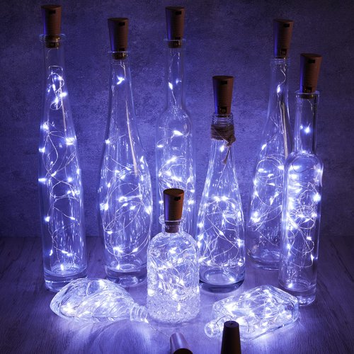 Brightown Wine Bottle Lights with Cork, 10 Pack 20 LED Waterproof Battery Operated Cork Lights, Silver Wire Mini Fairy Lights for Liquor Bottles DIY Party Christmas Wedding Décor, Pure White