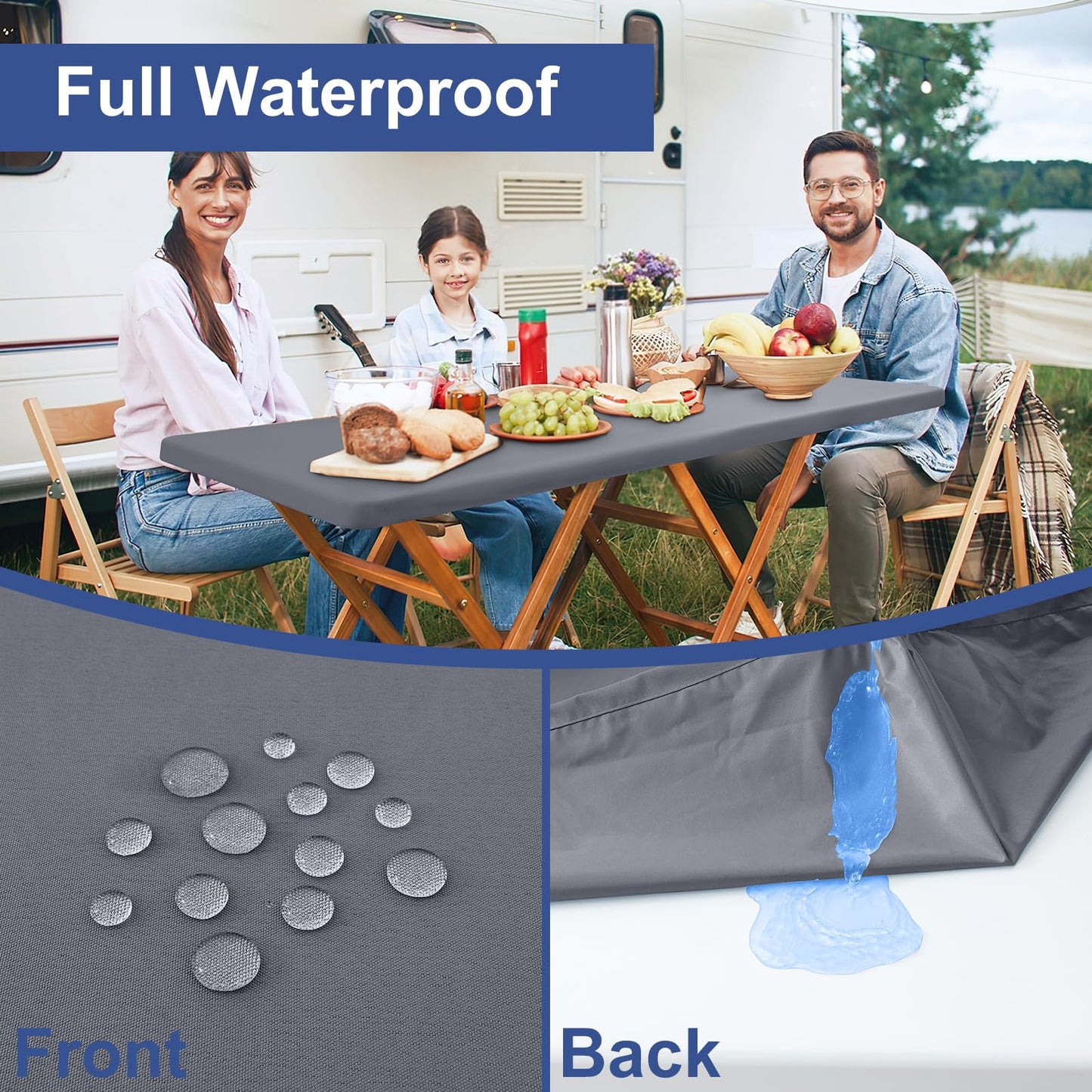 homing 2 Pack 6 Foot Rectangle Elastic Fitted Tablecloth, Waterproof Fabric Table Cover, Washable Polyester Table Cloth for Picnic, Camping, Outdoor (Grey, 30" x 72")