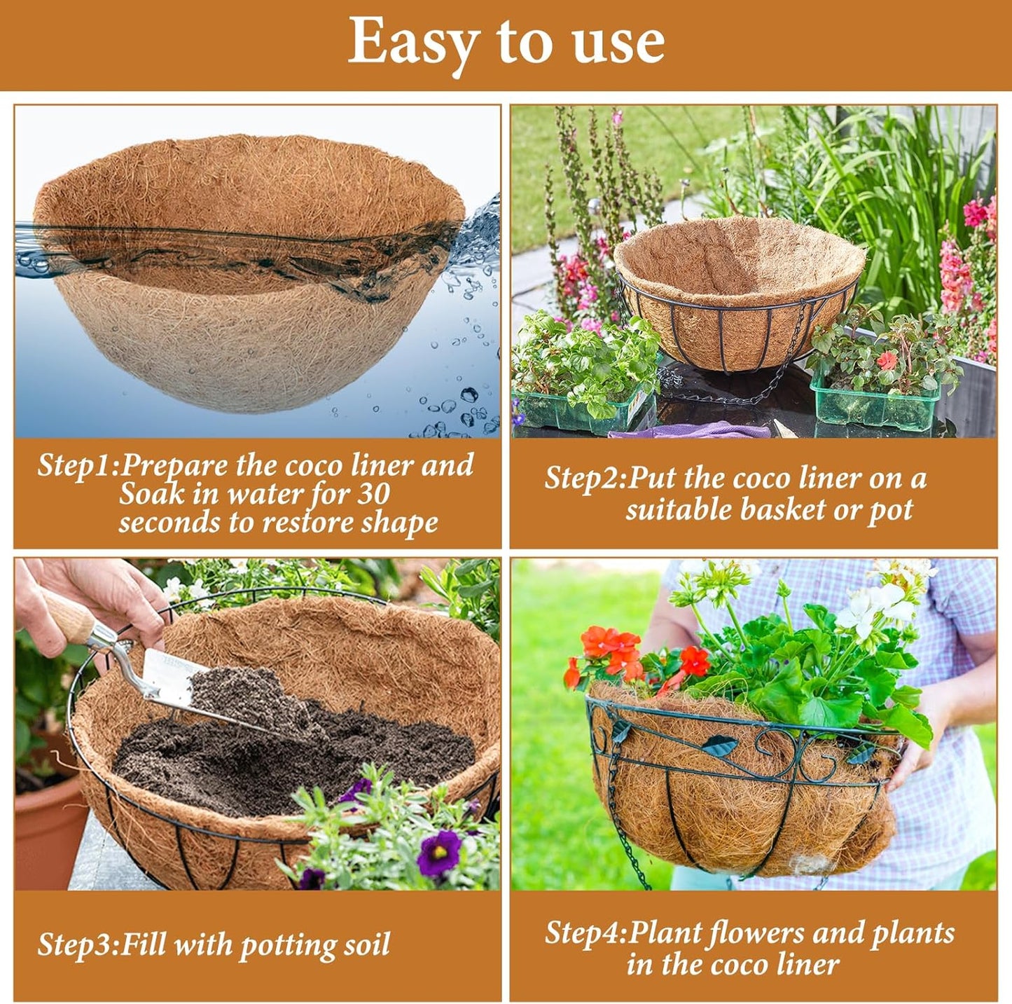 Legigo 16-Inch Coco Fiber Hanging Basket Liners - 100% Natural Replacement for Flowers & Vegetables