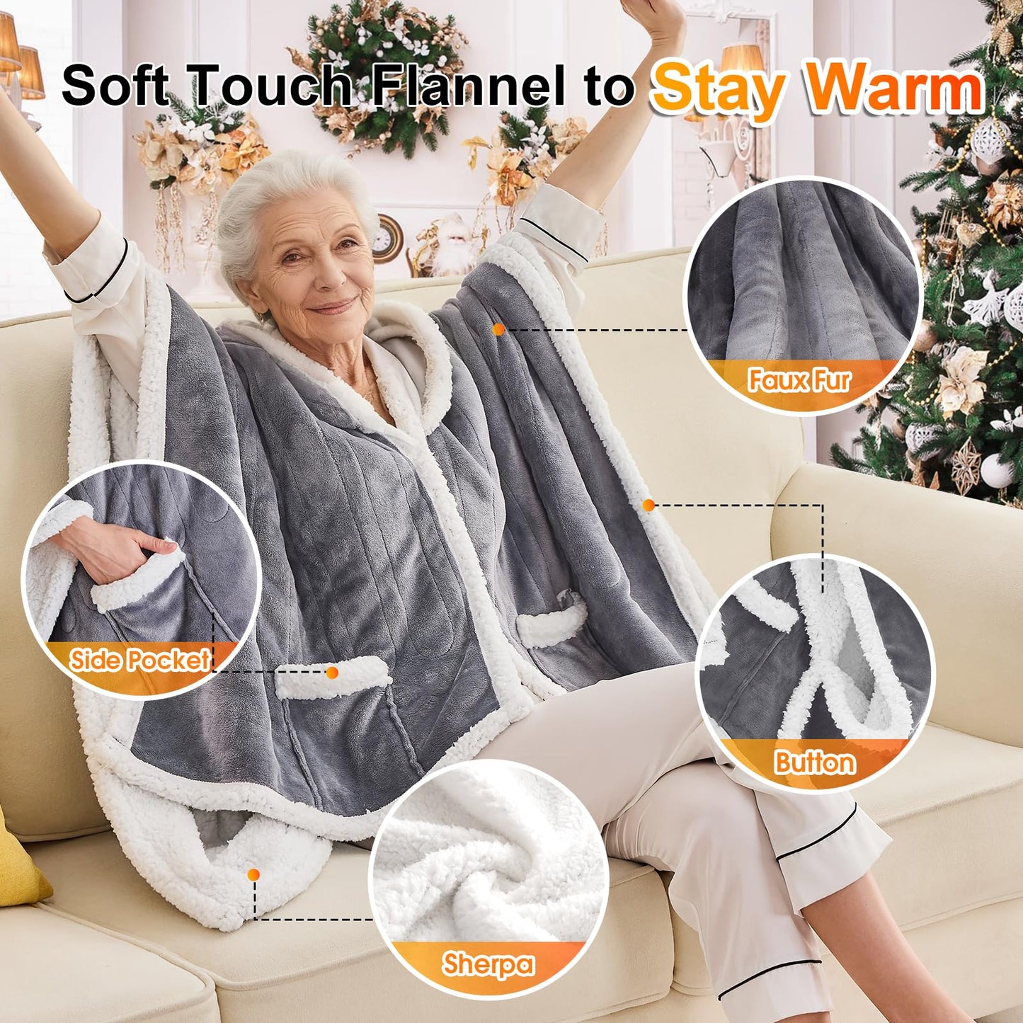 Wearable Heated Throw Blanket Electric Shawl ,Christmas Birthday Gifts for Grandma,Gift for Mom and Elderly Women,Heated Robe Poncho Blanket Hoodie for Adult, 5-Position Timer 10-Heating Levels,Grey