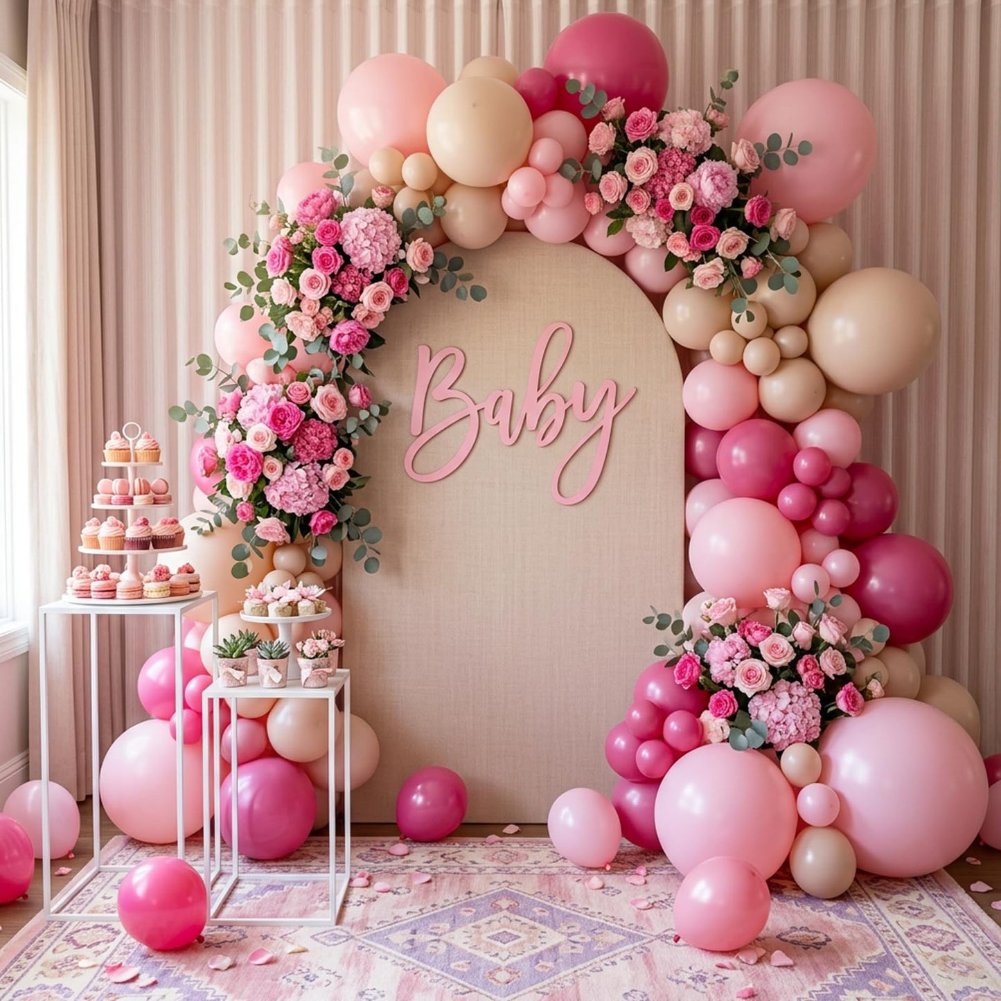 RUBFAC Baby Pink and Hot Pink Balloons 129pcs Different Sizes Pack of 18 12 10 5 Inch, Latex Magenta Pastel Pink Balloon Garland Arch Kit for Birthday Wedding Anniversary Baby Shower Princess Theme