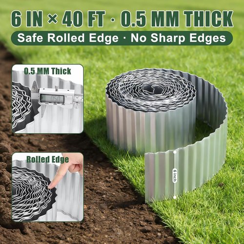 FEED GARDEN Heavy Duty Galvanized Steel Garden Edging - Rust Resistant 6 Inch x 40 Feet Flexible Landscape Border
