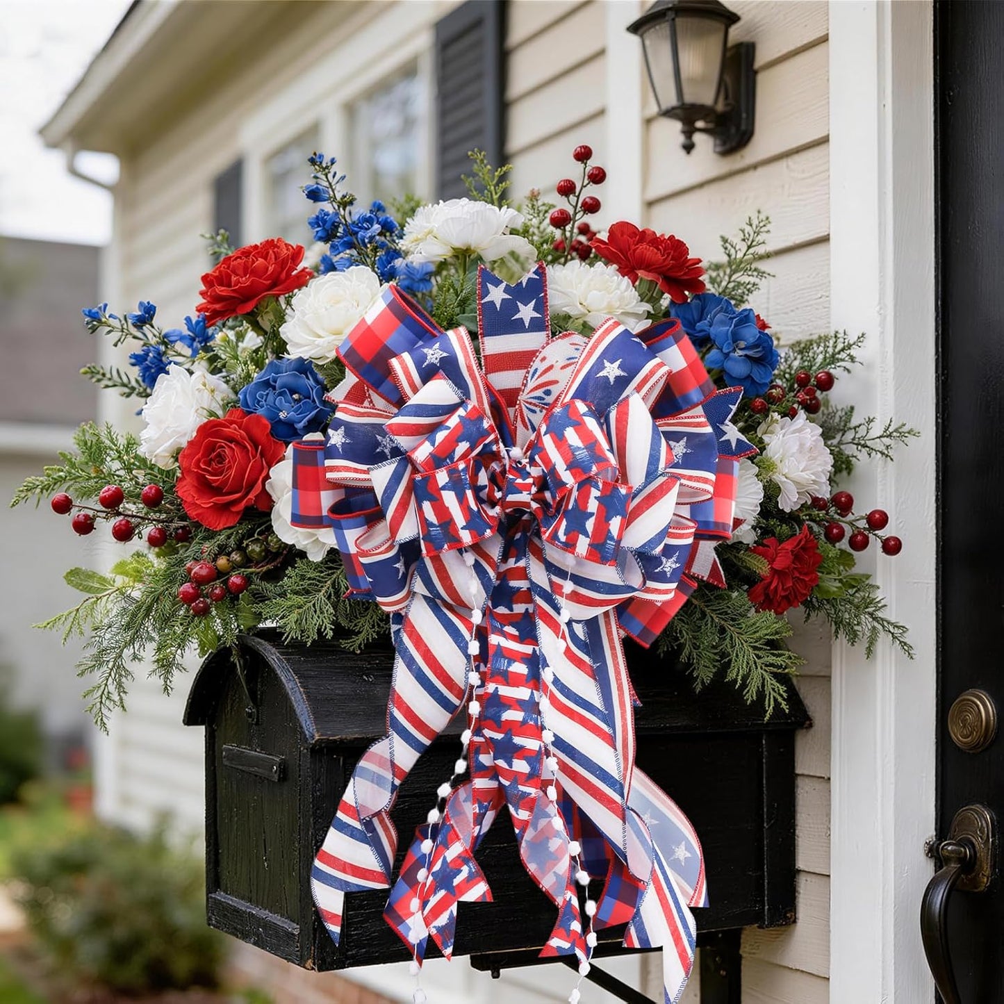 LaRibbons Patriotic Ribbon - Wired 2.5 Inch x 20 Yards | Red, White & Blue Star, Stripe & Plaid for 4th of July Decor
