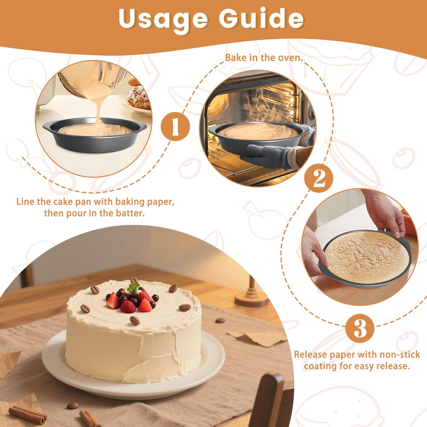 BEWOS 9 Inch Cake Pan Set - 100 Pcs Parchment Paper With 3 Pcs Carbon Steel Round Cake Pans, Nonstick Baking Pans Set With Handle, Dishwasher Safe