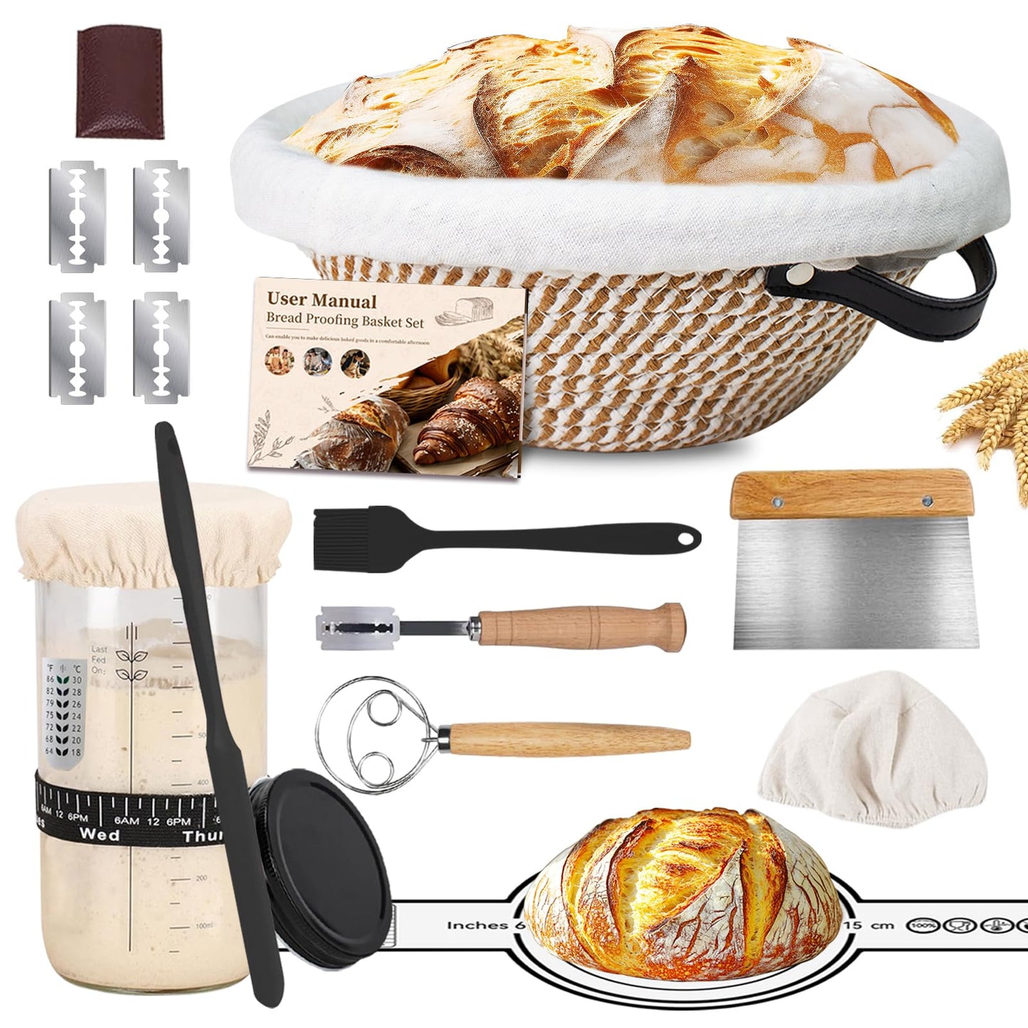Sourdough Starter Kit, Banneton Proofing Basket 10" Round, Sourdough Bread Baking Supplies With Starter Jar, Bread Sling&Lame, Danish Dough Whisk Sour Dough Kits Gifts for Bakers Women Wife Mom