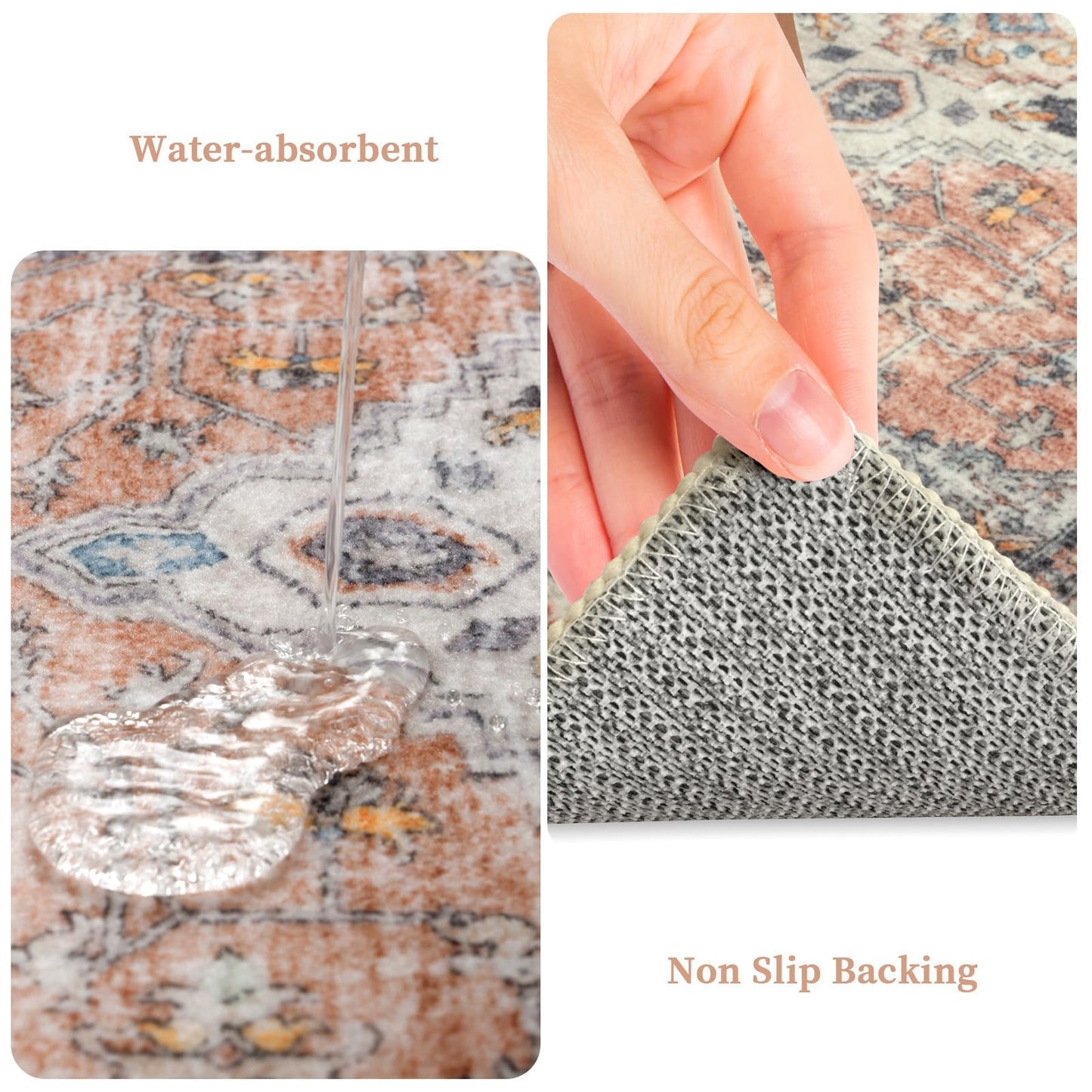 LEEVAN Kitchen Rug Set of 2, Washable Non Slip Kitchen Mat, Vintage Orange Runner Rug, Soft Standing Mat, 20''x31'+20''x47''